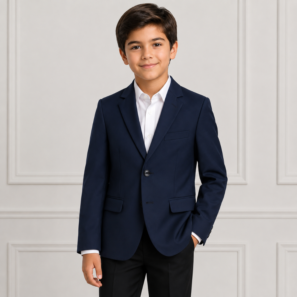 Boys Classic Navy Blue Two-Button Blazer – Formal Dress Suit Jacket