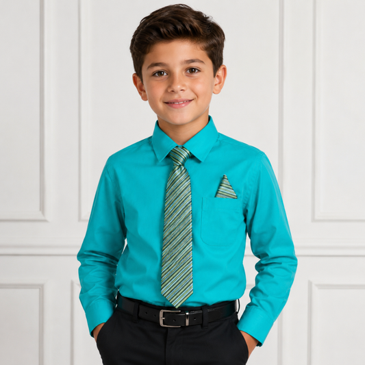 Boys' Aqua Dress Shirt with Striped Tie & Pocket Square Set