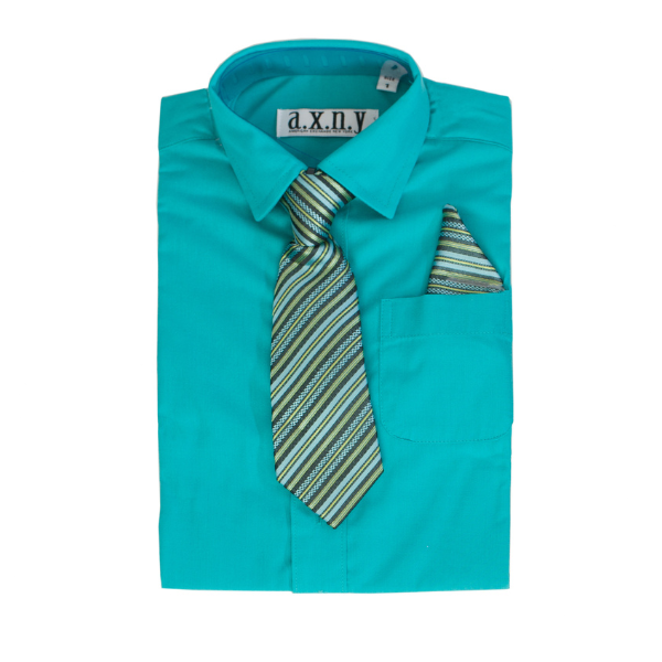Boys' Aqua Dress Shirt with Striped Tie & Pocket Square Set