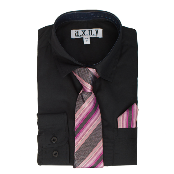 Boys' Black Dress Shirt with Pink Striped Tie & Pocket Square Set