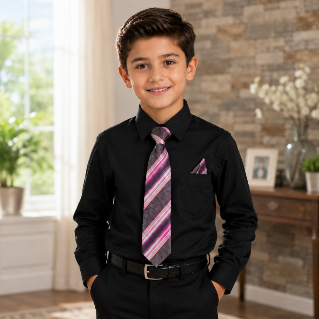 Boys' Black Dress Shirt with Pink Striped Tie & Pocket Square Set