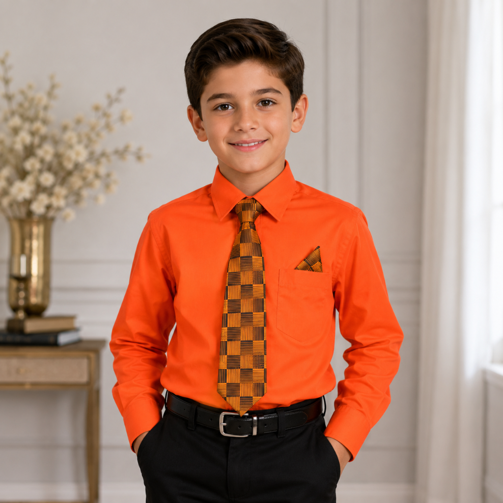 Boys' Orange Dress Shirt with Checkered Tie & Pocket Square Set