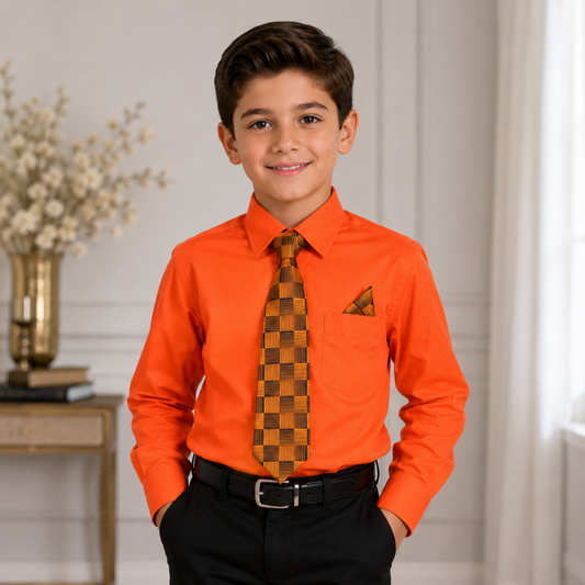 Boys' Orange Dress Shirt with Checkered Tie & Pocket Square Set