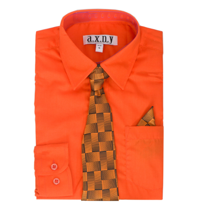 Boys' Orange Dress Shirt with Checkered Tie & Pocket Square Set