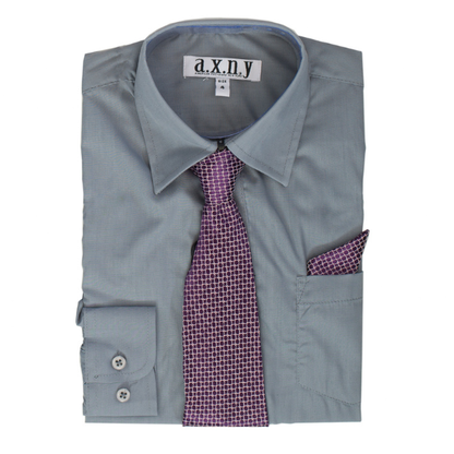 Boys' Charcoal Gray Dress Shirt with Purple Patterned Tie & Pocket Square Set