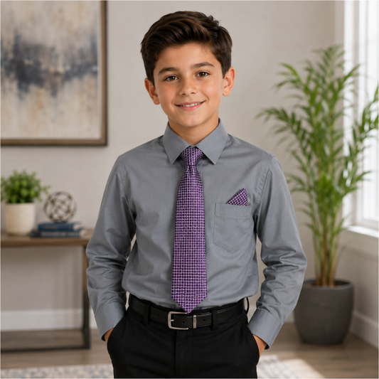 Boys' Charcoal Gray Dress Shirt with Purple Patterned Tie & Pocket Square Set