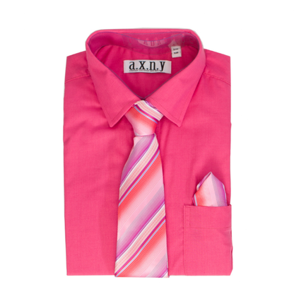 Boys' Fuchsia Dress Shirt with Pink Striped Tie & Pocket Square Set