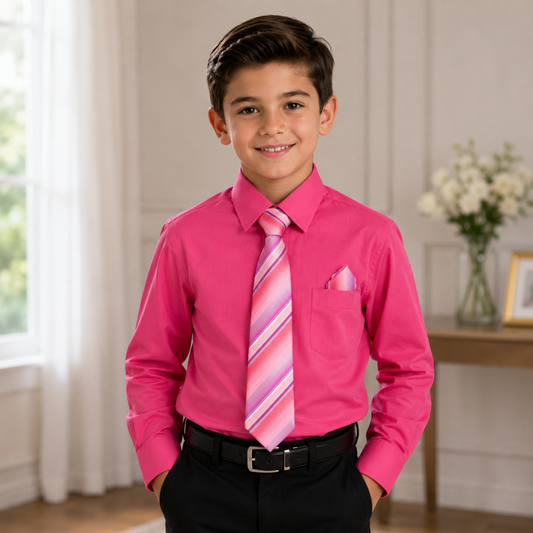 Boys' Fuchsia Dress Shirt with Pink Striped Tie & Pocket Square Set
