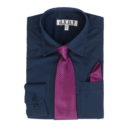 Boys' Navy Dress Shirt with Fuchsia Patterned Tie & Pocket Square Set