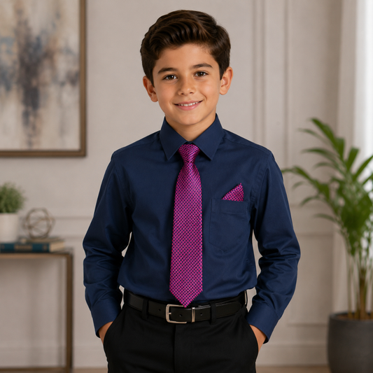 Boys' Navy Dress Shirt with Fuchsia Patterned Tie & Pocket Square Set