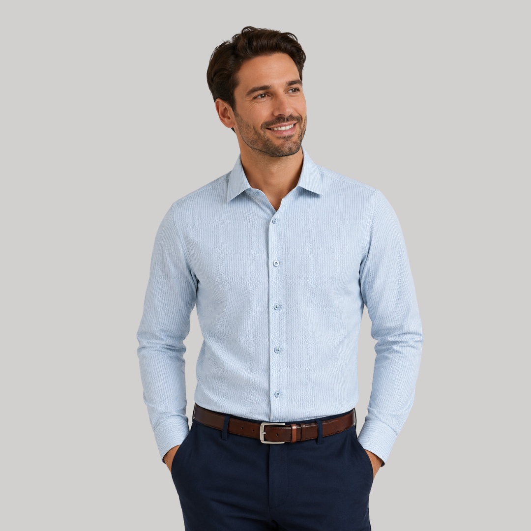 Men’s Light Blue Micro-Stripe Long Sleeve Dress Shirt