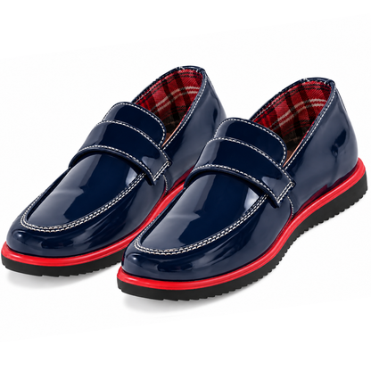 Boys’ Navy Patent Slip-On Dress Loafers with Red Sole