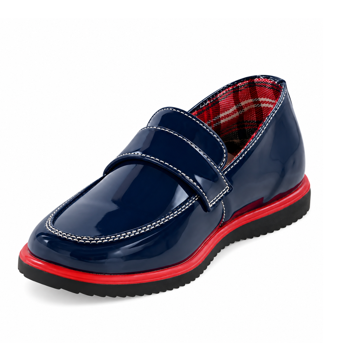 Boys’ Navy Patent Slip-On Dress Loafers with Red Sole