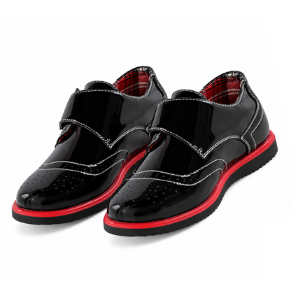 Boys’ Black Patent Velcro Dress Shoes with Red Sole