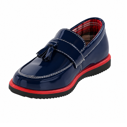 Boys’ Navy Patent Tassel Loafers with Red Trim