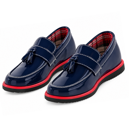 Boys’ Navy Patent Tassel Loafers with Red Trim