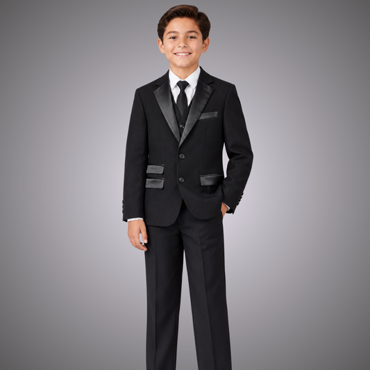Boys' 3-Piece Tuxedo Suit with Satin Lapels in Black