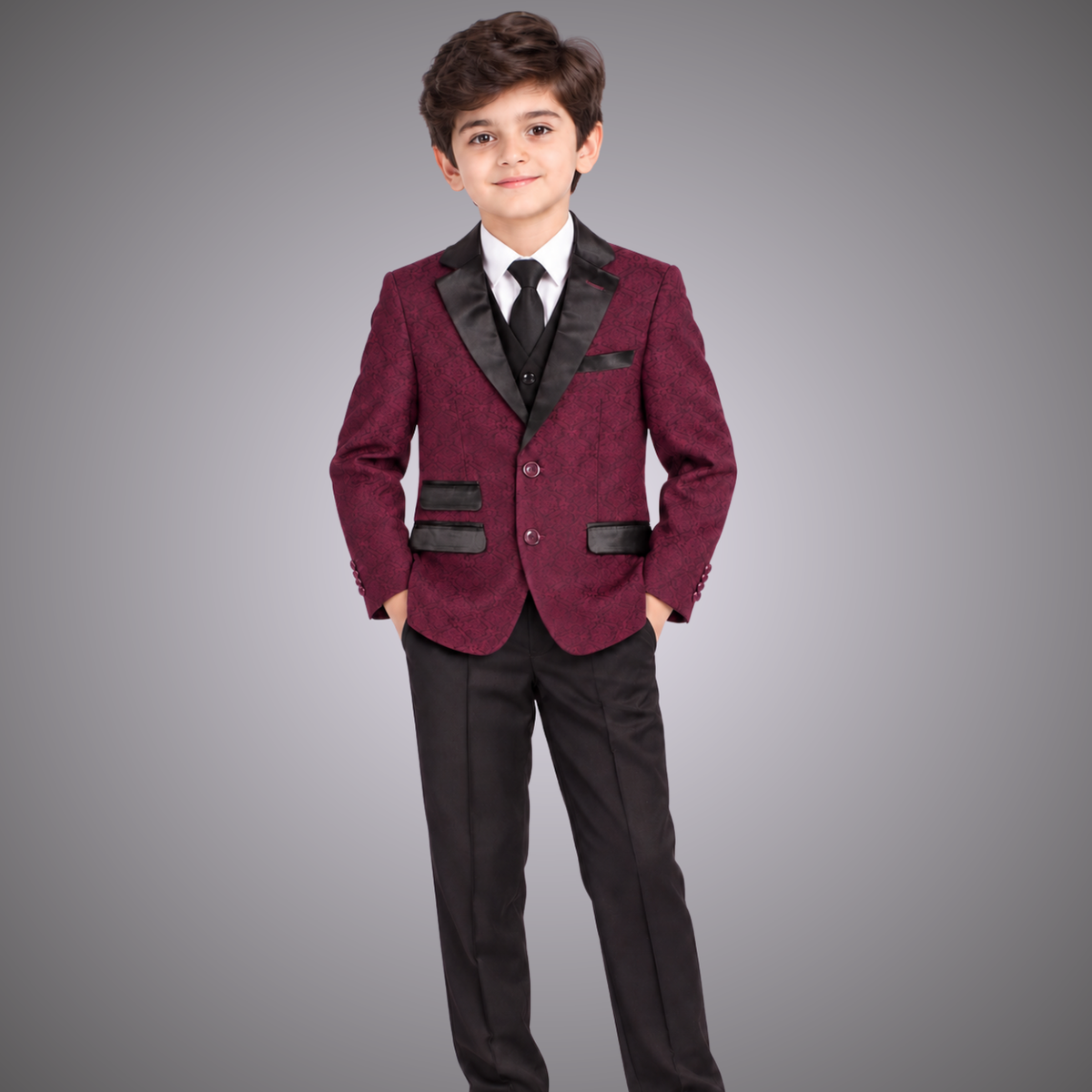 Boys 3-Piece Formal Set Jacquard Tuxedo Suit with Black Satin Lapel –  Burgundy