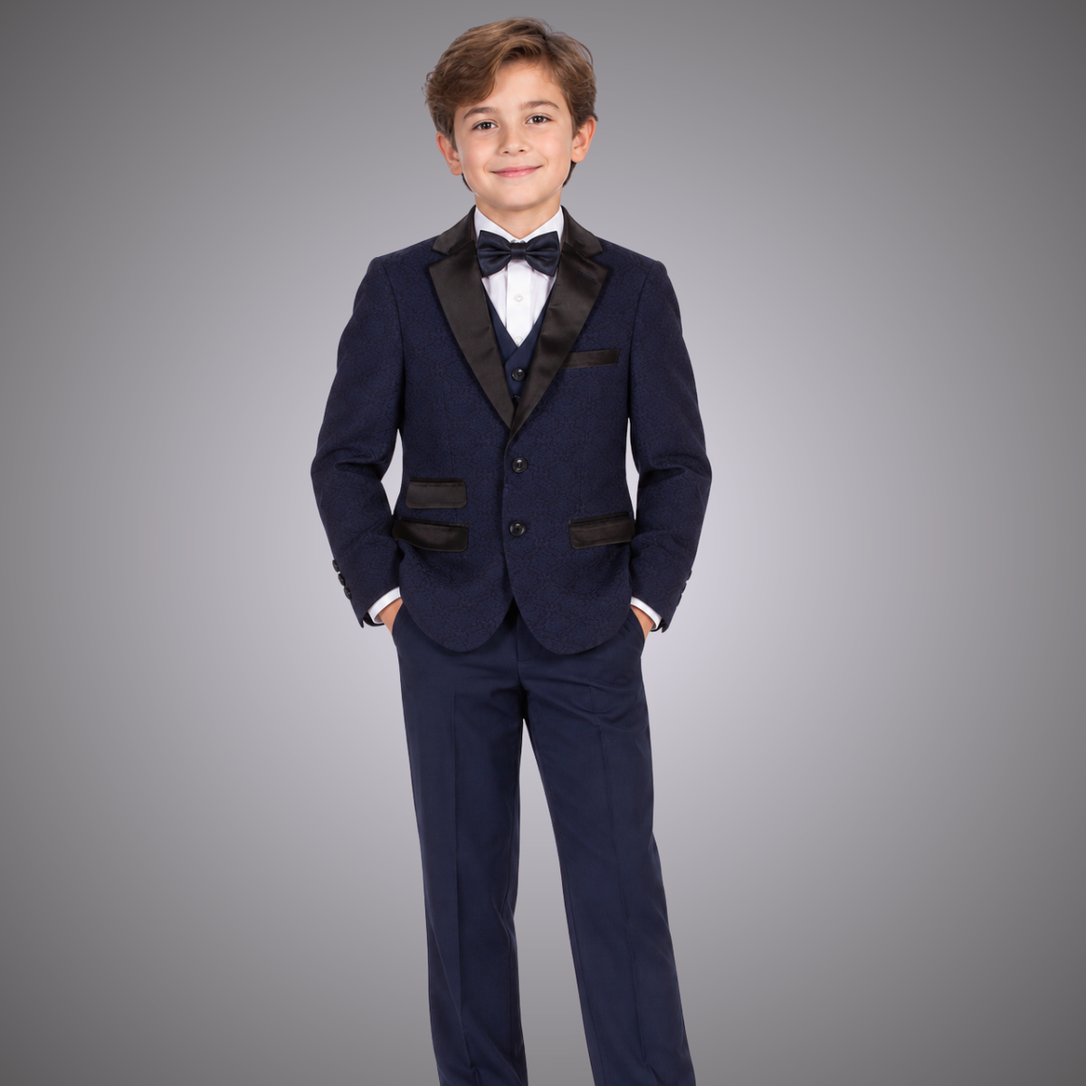 Boys' Jacquard Tuxedo Suit with Satin Lapels in Navy & Black