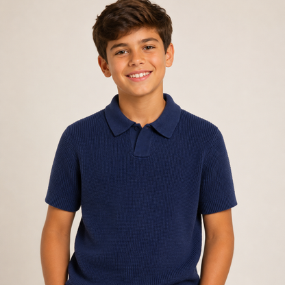 Boys' Waffle Knit Polo Sweater Shirt – Navy Blue