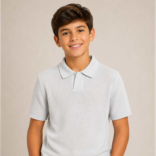 Boys' Waffle Knit Polo Sweater Shirt – White