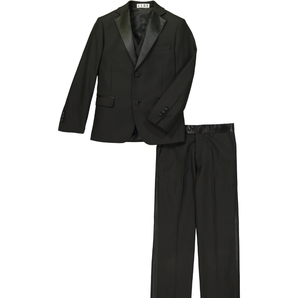 Boys Classic Black 2-Piece Tuxedo Suit – Formal Blazer & Satin Trim Dress Pants