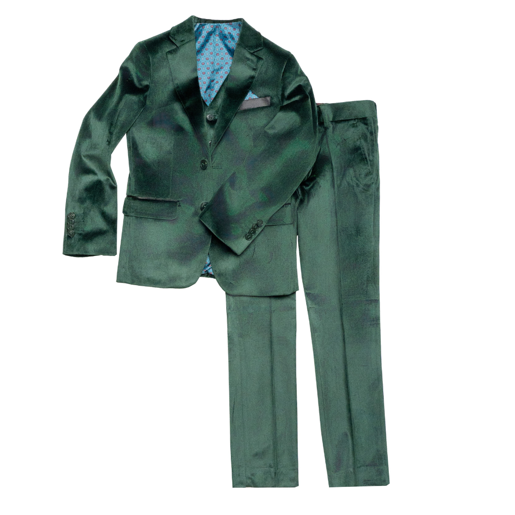 Boys Emerald Green Velvet Suit Set Blazer & Dress Pants