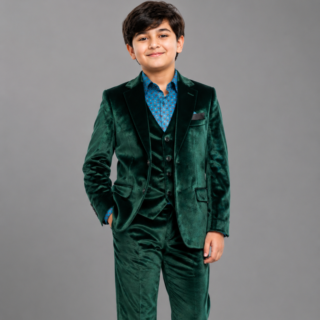 Boys Emerald Green Velvet Suit Set Blazer & Dress Pants