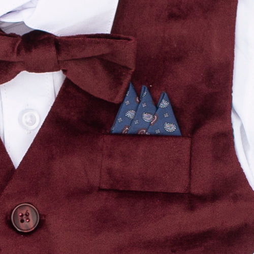 Boys 5-Piece Burgundy Formal Vest Set – Dress Shirt, Vest, Pants, Bow Tie & Pocket Square