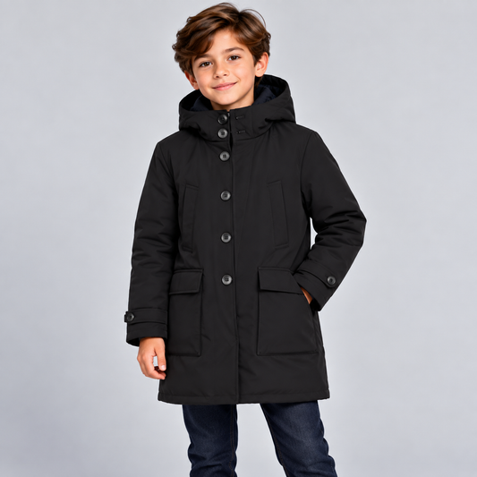 Boys Black Hooded Winter Parka Coat with Button Front & Utility Pockets