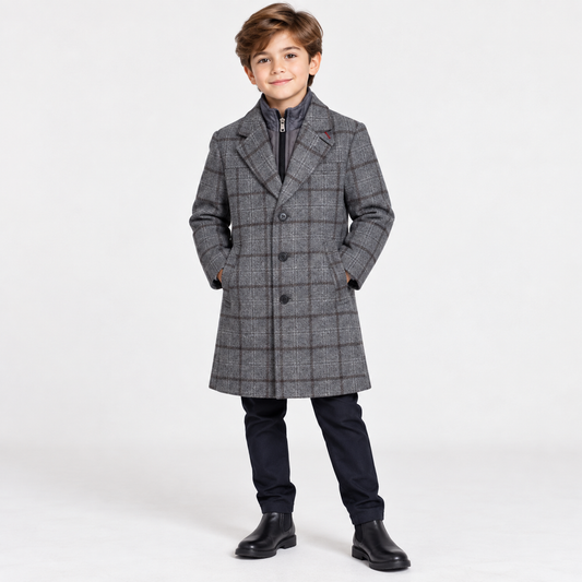 Boys Grey Plaid Layered Overcoat Jacket