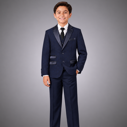 Boys'  3-Piece Tuxedo Suit with Satin Lapel in Navy Blue