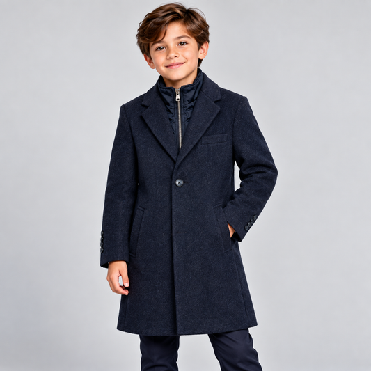 Boys Navy Blue Wool-Blend Overcoat with Zip-Up Bib Collar