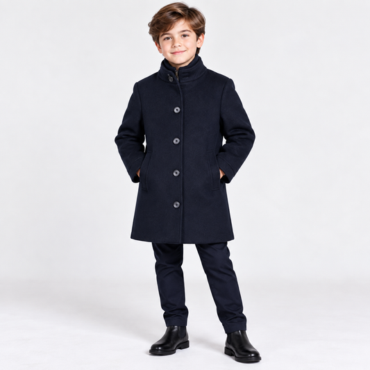 Boys Classic Navy Stand Collar Wool-Style Coat