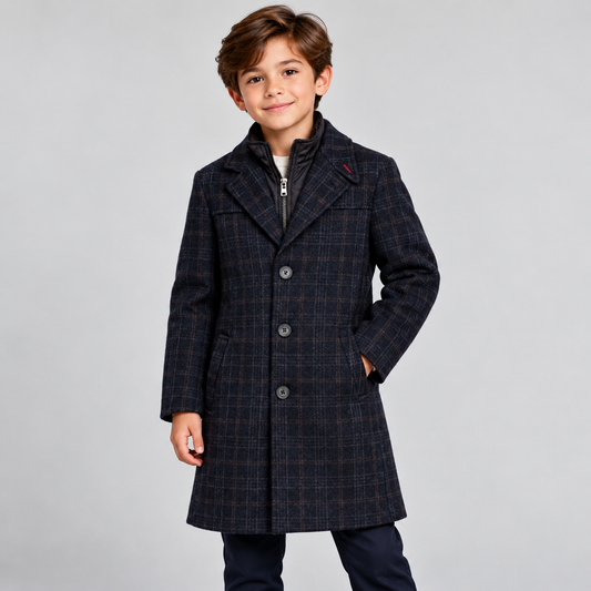 Boys Navy Plaid Wool-Blend Overcoat with Removable Zip-Up Bib
