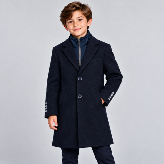 Boys Navy Blue Tailored Overcoat with Zip-Up Bib Collar