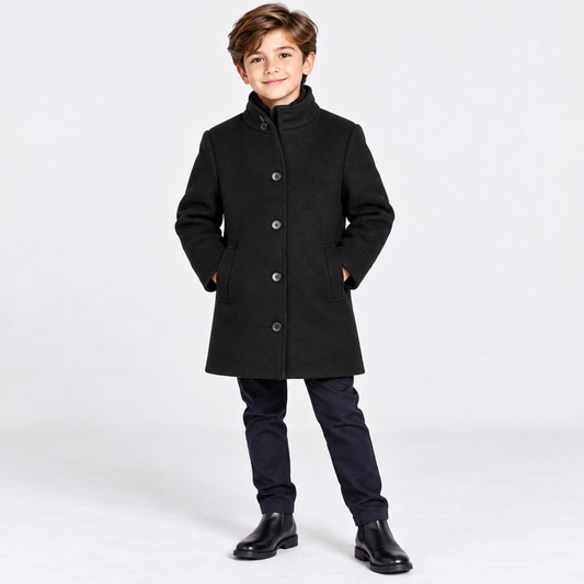 Boys Classic Black Stand Collar Wool-Style Coat