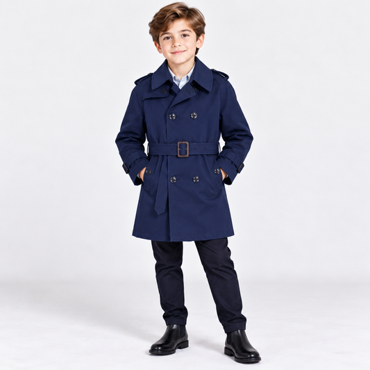 Boys Navy Double-Breasted Belted Trench Coat